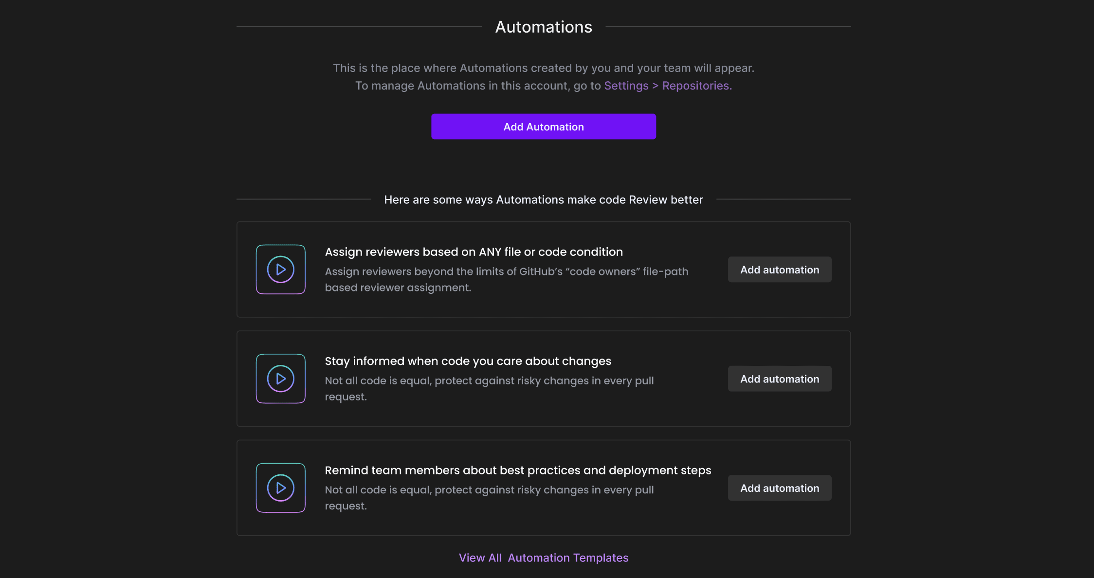 GitKraken Automations dashboard with options to add automations for code review, including assigning reviewers by file conditions, staying informed on key changes, and reminding team members about best practices.